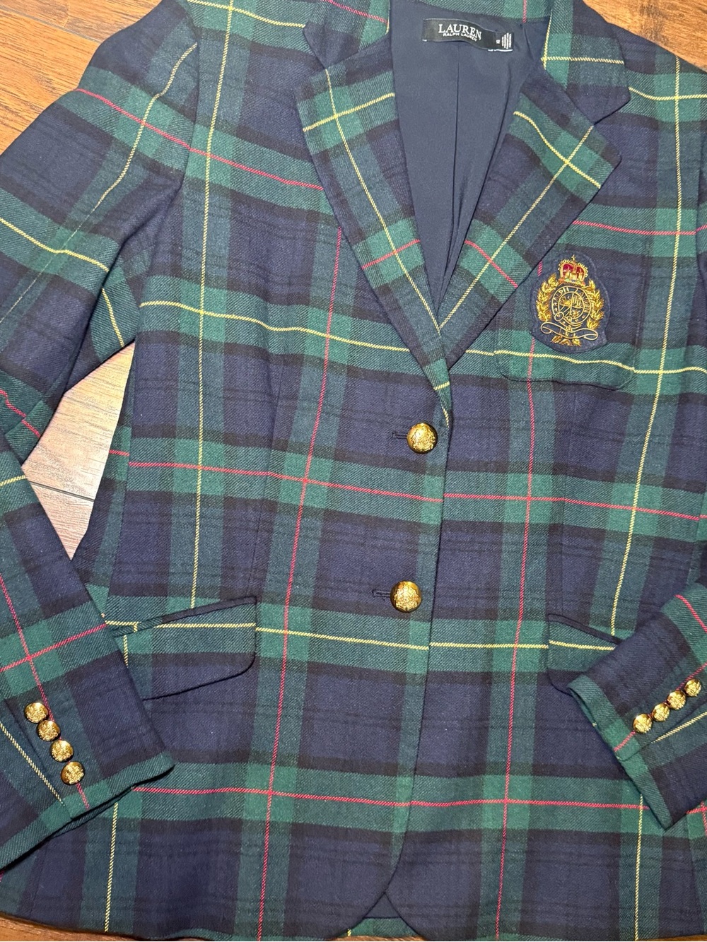Ralph Lauren Plaid Bullion Crest Blazer 12 EUC Navy Green Tartan Preppy Academic - Picture 13 of 16
